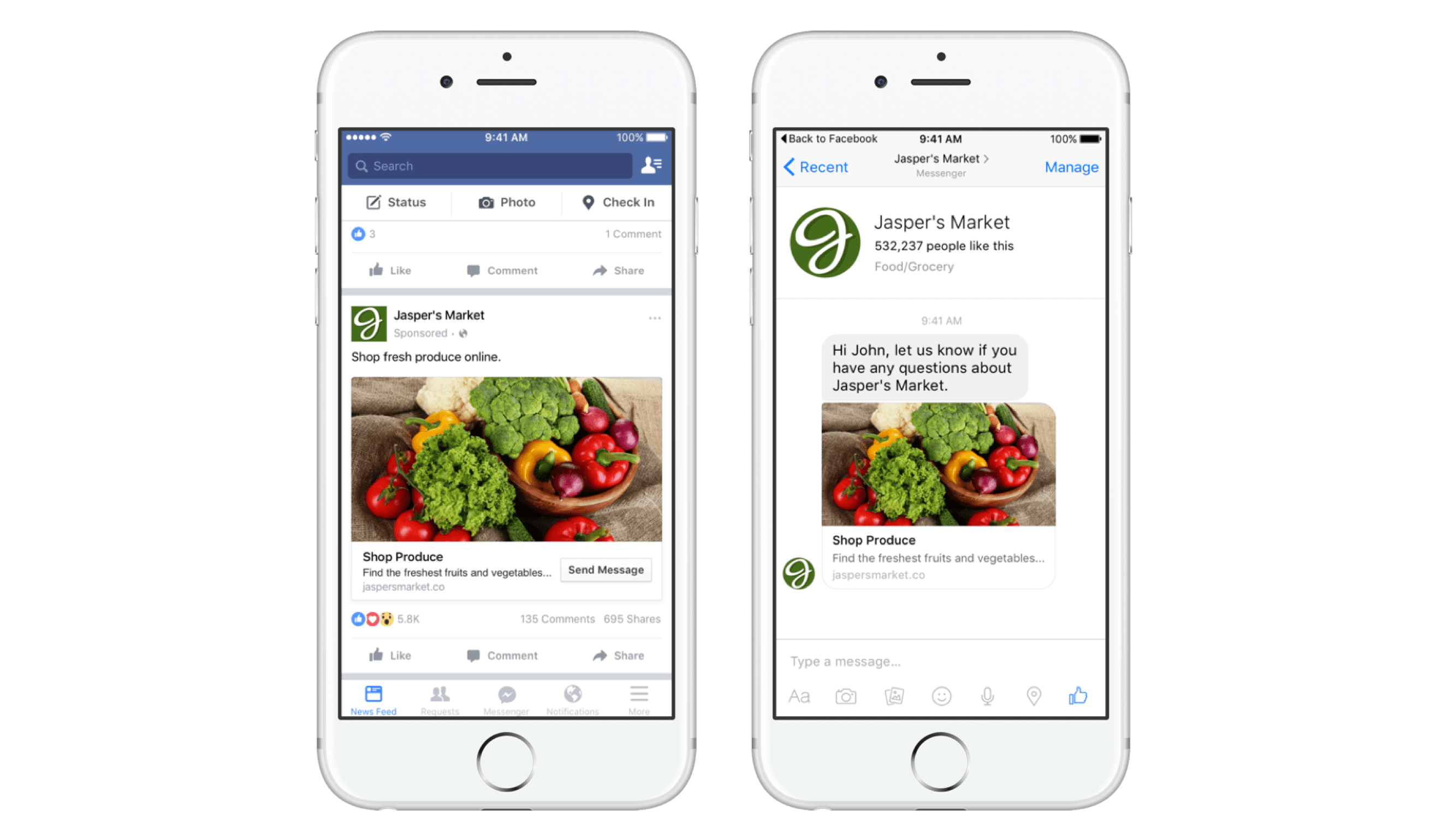 Questa immagine mostra ai professionisti del marketing come vengono visualizzati gli annunci di Facebook Messenger sui dispositivi mobili una volta che un utente fa clic sull'annuncio sponsorizzato nel proprio feed di notizie.