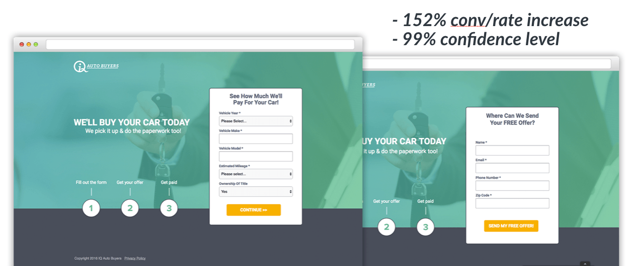 Această imagine prezintă specialiștilor în marketing cum Klientboost folosește un formular în mai mulți pași pentru a crește conversiile pentru clienții din industria auto.