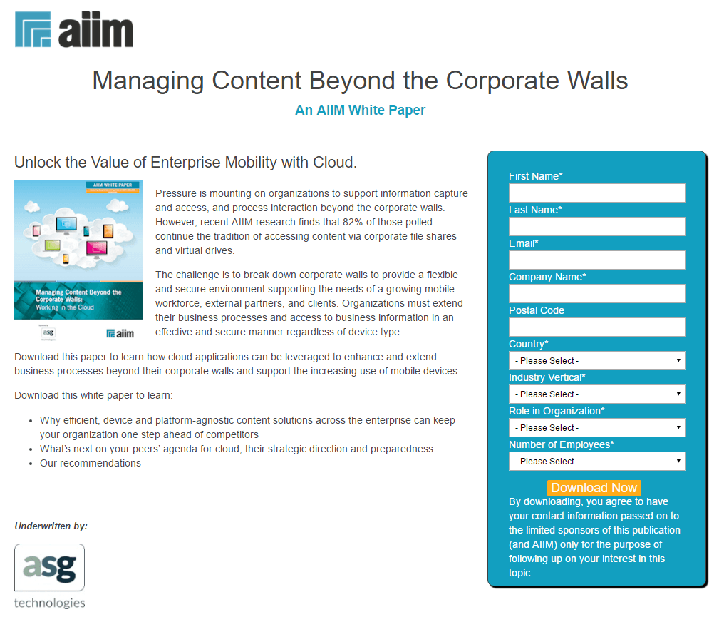 Dieses Bild zeigt Marketern, wie Aiim eine Whitepaper-Post-Click-Landingpage verwendet, um einen guten ersten Eindruck zu hinterlassen und Leads zu generieren.