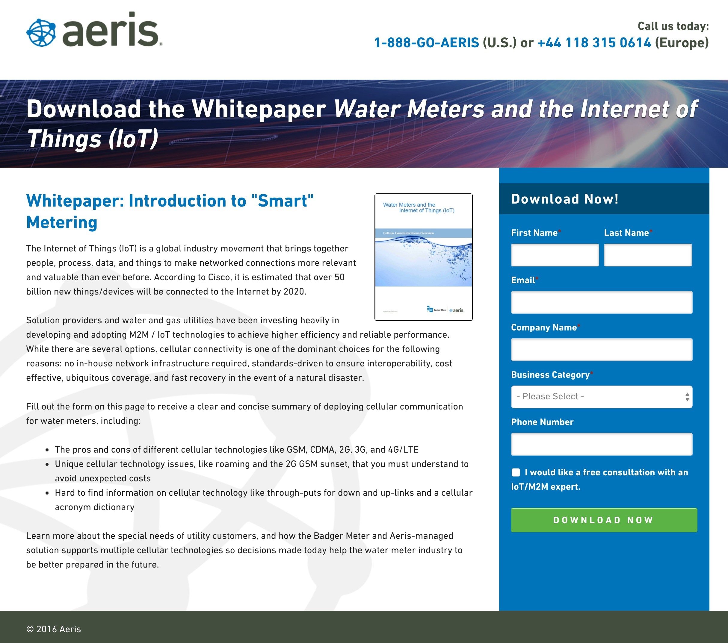 Dieses Bild zeigt Marketern, wie Aeris eine Whitepaper-Post-Click-Landingpage verwendet, um einen guten ersten Eindruck zu hinterlassen und Leads zu generieren.