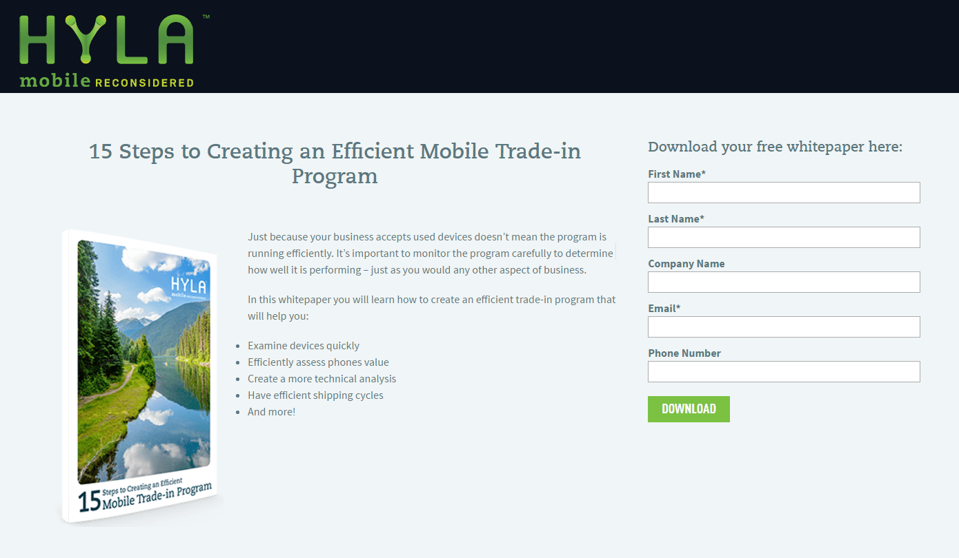 Dieses Bild zeigt Marketern, wie Hyla eine Whitepaper-Post-Click-Landingpage verwendet, um Leads zu generieren.