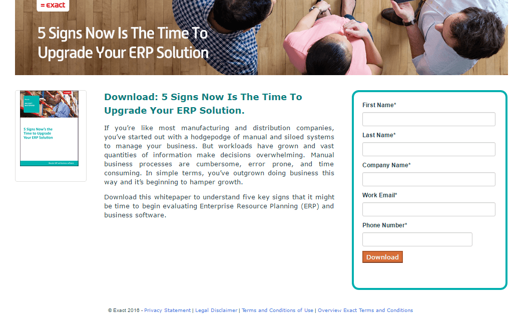 Dieses Bild zeigt Marketern, wie Exact eine Whitepaper-Post-Click-Landingpage verwendet, um Leads zu generieren.