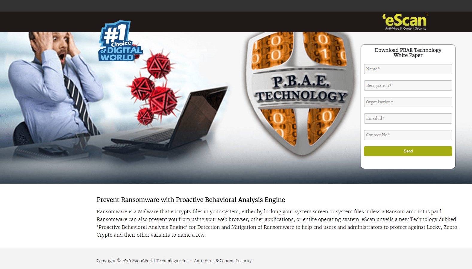 Dieses Bild zeigt Marketingspezialisten, wie MicroWorld Technologies eine Whitepaper-Post-Click-Landingpage verwendet, um Leads zu generieren.