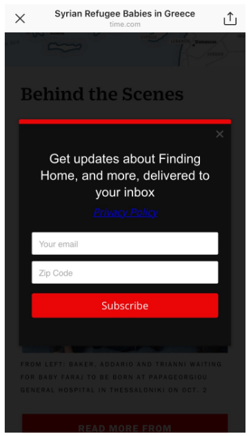 Questa immagine mostra ai marketer come la rivista Time utilizza la funzione di collegamento Story di Instagram e una pagina di compressione per raccogliere indirizzi e-mail.