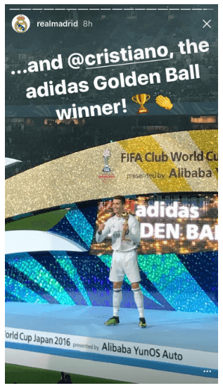 Questa immagine mostra ai professionisti del marketing come il futbol club del Real Madrid utilizza la funzione Mention di Instagram per collaborare con Cristiano Ronaldo e coinvolgere il pubblico.