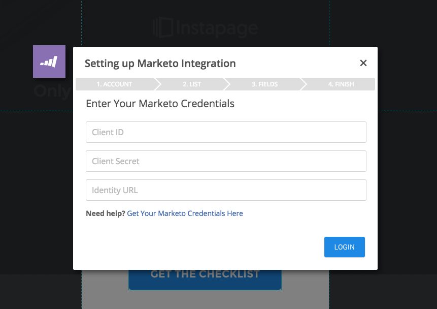 Questa immagine mostra agli esperti di marketing come configurare l'integrazione di Marketo con Instapage in cinque rapidi passaggi.