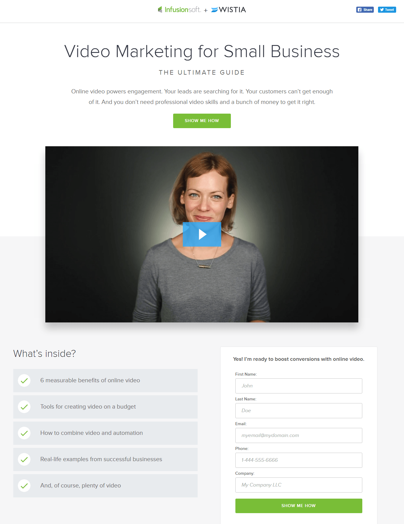 Dieses Bild zeigt Vermarktern, wie Infusionsoft eine Post-Click-Landingpage verwendet, um potenzielle Kunden dazu zu bringen, ihre Video-Marketing-Serien herunterzuladen.