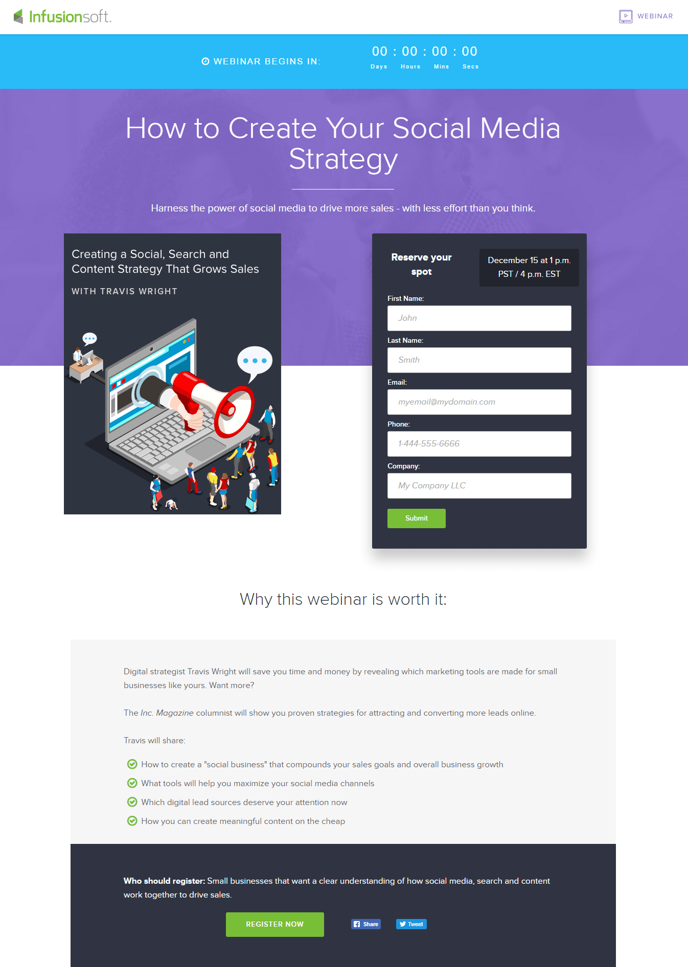 Dieses Bild zeigt Marketern, wie Infusionsoft eine Post-Click-Landingpage verwendet, um Webinar-Registrierungen zu generieren.