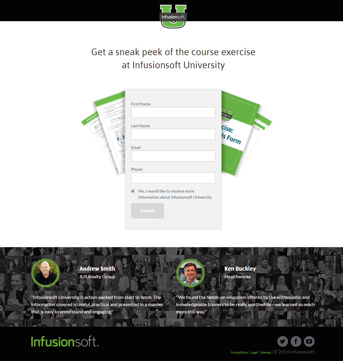 Dieses Bild zeigt Vermarktern, wie Infusionsoft eine Post-Click-Landingpage verwendet, um Downloads für seinen Universitätskurs zu generieren.