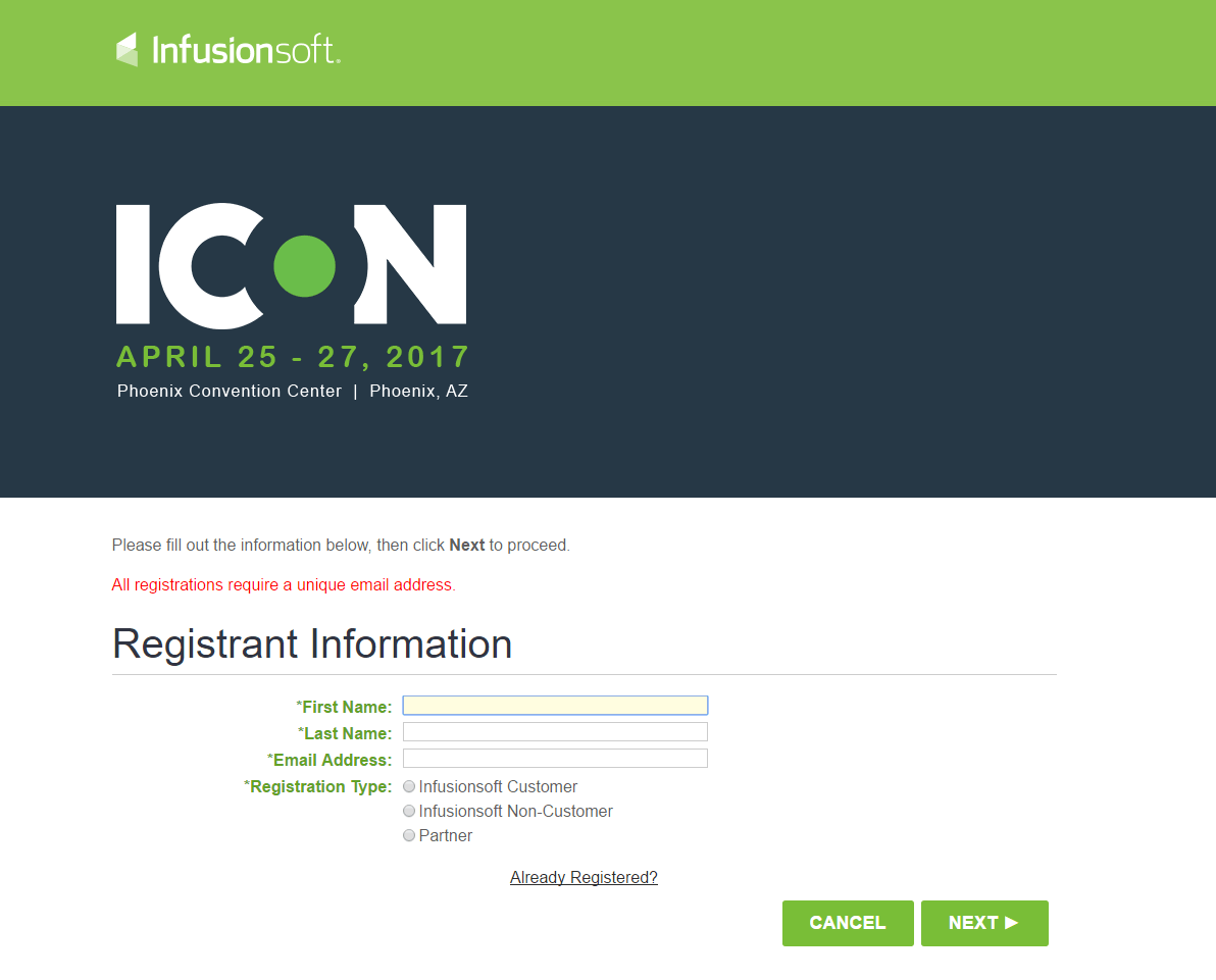 Dieses Bild zeigt Marketern, wie Infusionsoft eine Post-Click-Landingpage verwendet, um Event-Registrierungen zu generieren.