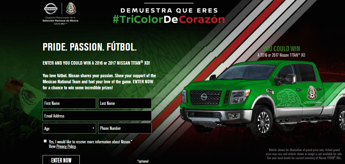 Dieses Bild zeigt Marketingspezialisten, wie Nissan eine Auto-Post-Click-Landingpage verwendet, um seinem Kundenstamm ein LKW-Werbegeschenk anzubieten.