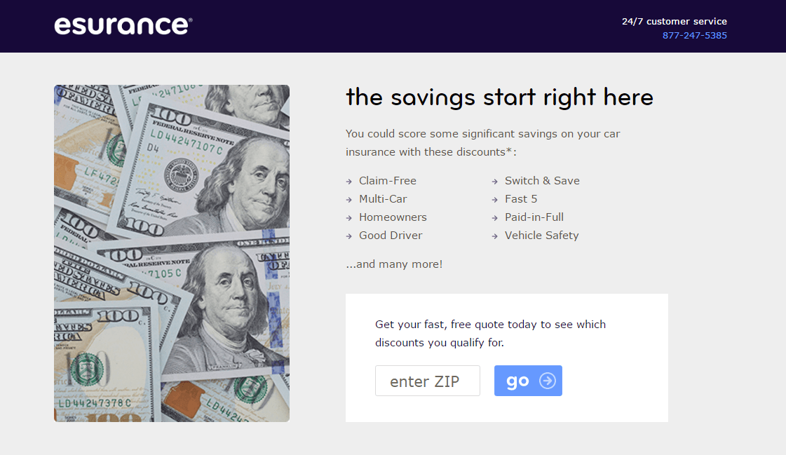 Dieses Bild zeigt Vermarktern, wie Esurance eine Auto-Post-Click-Landingpage verwendet, um Versicherungen zu verkaufen.