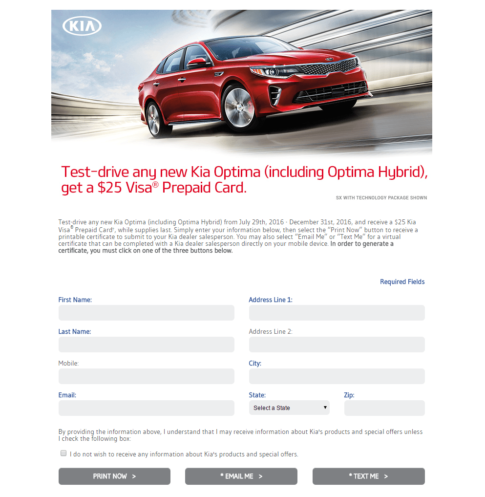 Dieses Bild zeigt Marketingspezialisten, wie Kia eine Auto-Post-Click-Landingpage verwendet, um Testfahrten und ein Giveaway mit Visa-Geschenkkarten zu bewerben.