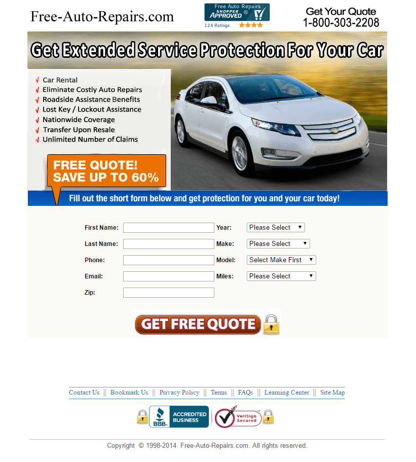 Dieses Bild zeigt Vermarktern, wie Free Auto Repairs eine Auto-Post-Click-Landingpage verwendet, um sein erweitertes Garantieprogramm bei seinem Publikum zu bewerben.