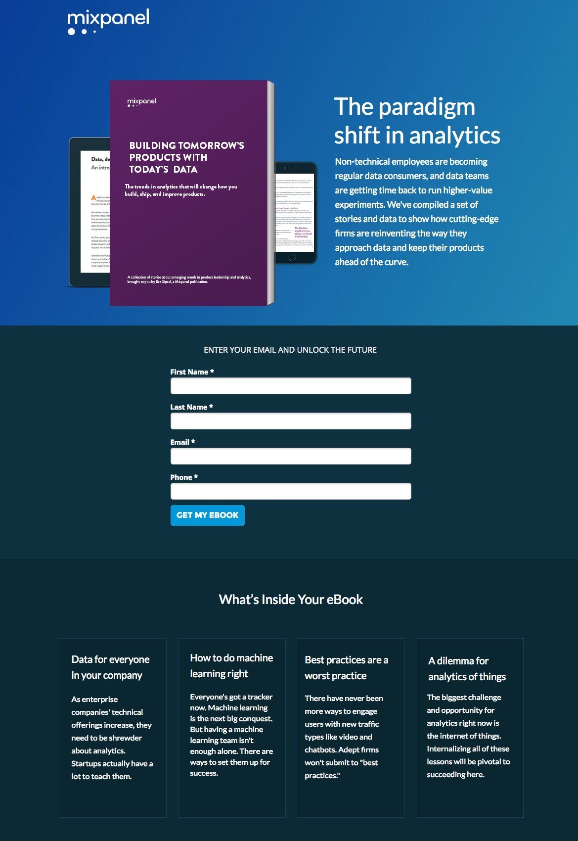 Esta imagen muestra a los especialistas en marketing cómo Mixpanel utiliza las páginas de destino posteriores al clic para promocionar los libros electrónicos y promoverlos en las ventas.
