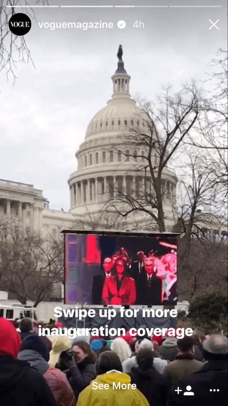 Gambar ini menunjukkan kepada pemasar bagaimana Majalah Vogue menggunakan Instagram Stories untuk menghasilkan lalu lintas situs web.