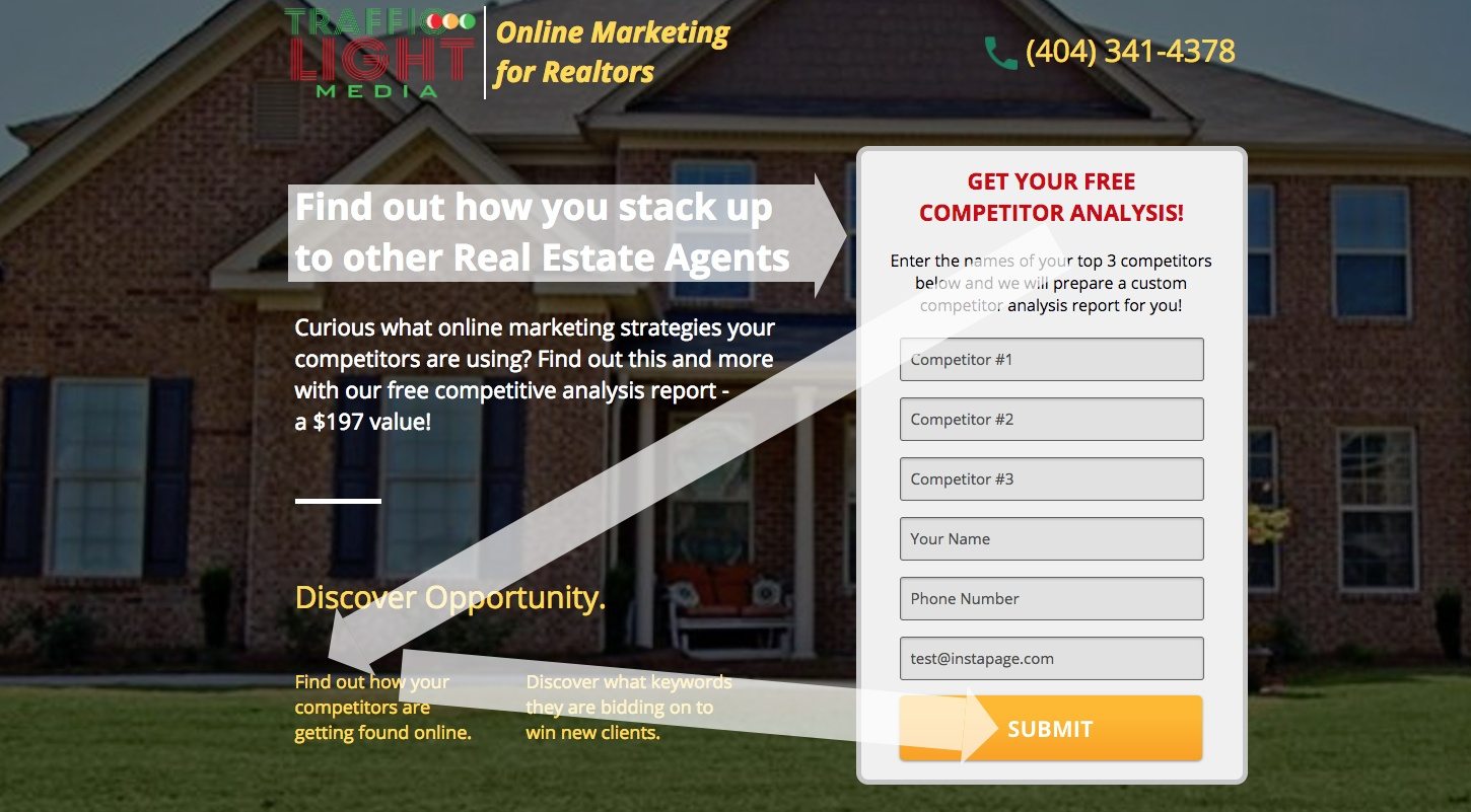 这张图片向营销人员展示了 Traffic Light Media 如何使用 Z-Pattern 布局让访问者专注于转换。