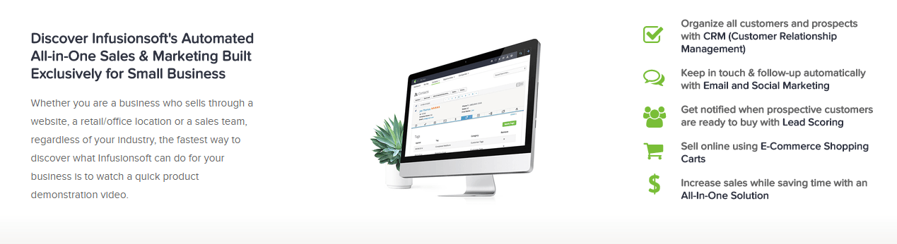 На этой картинке маркетологам показано, как Infusionsoft использует маркированный текст и специальное форматирование в своей структуре целевой страницы после клика, чтобы убедить посетителей совершить конверсию.