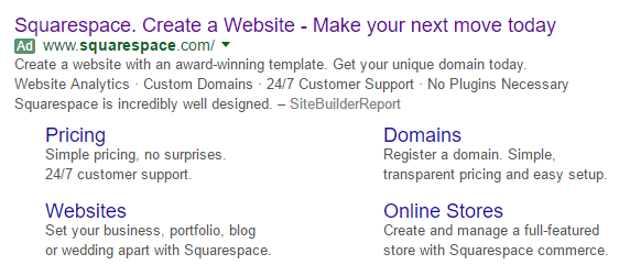 Această imagine prezintă specialiștilor în marketing cum Squarespace folosește Google Ads pentru a genera trafic pe site-ul web în loc să conecteze anunțul la o pagină de destinație după clic.