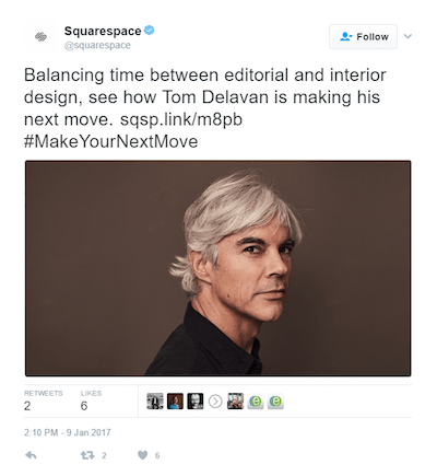 Această imagine prezintă specialiștilor în marketing cum Squarespace folosește o postare pe Twitter pentru a genera trafic către site-ul unui client în loc de o pagină de destinație post-clic pentru a le converti în clienți.