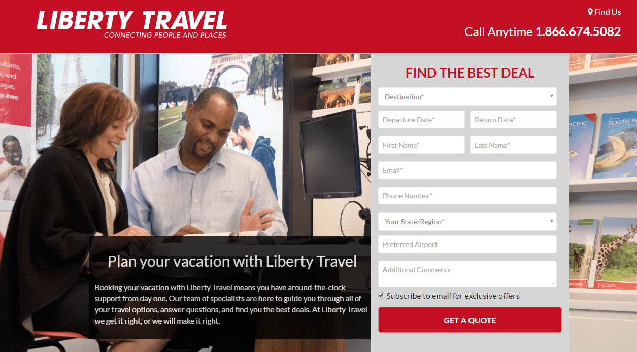 ภาพนี้แสดงให้นักการตลาดทราบว่า Liberty Travel ใช้หน้า Landing Page สำหรับการเดินทางหลังคลิกเพื่อสร้างลูกค้าเป้าหมายโดยเสนอราคาประกันการเดินทางฟรี