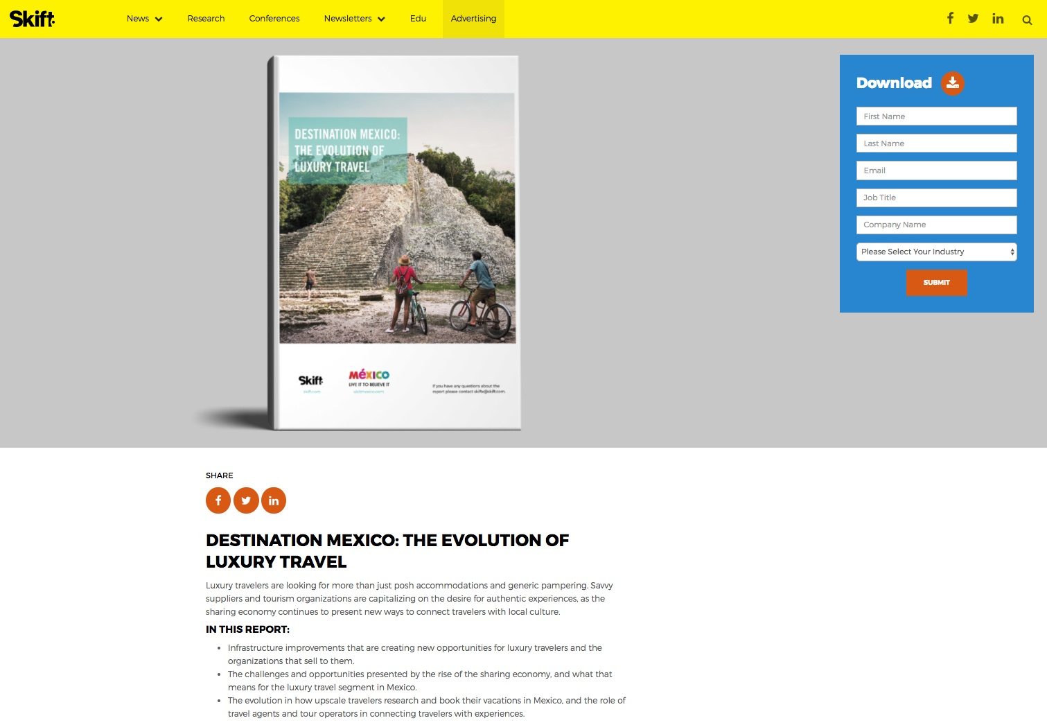 ภาพนี้แสดงให้นักการตลาดเห็นว่า Skift ใช้หน้า Landing Page สำหรับการเดินทางหลังคลิกเพื่อสร้างโอกาสในการขายโดยเสนอการดาวน์โหลดรายงานเกี่ยวกับการเดินทางที่หรูหราในเม็กซิโก