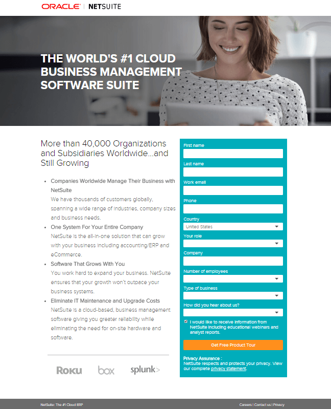 Această imagine arată specialiștilor în marketing cum Oracle creează o ierarhie vizuală bună prin designul paginii de destinație după clic.