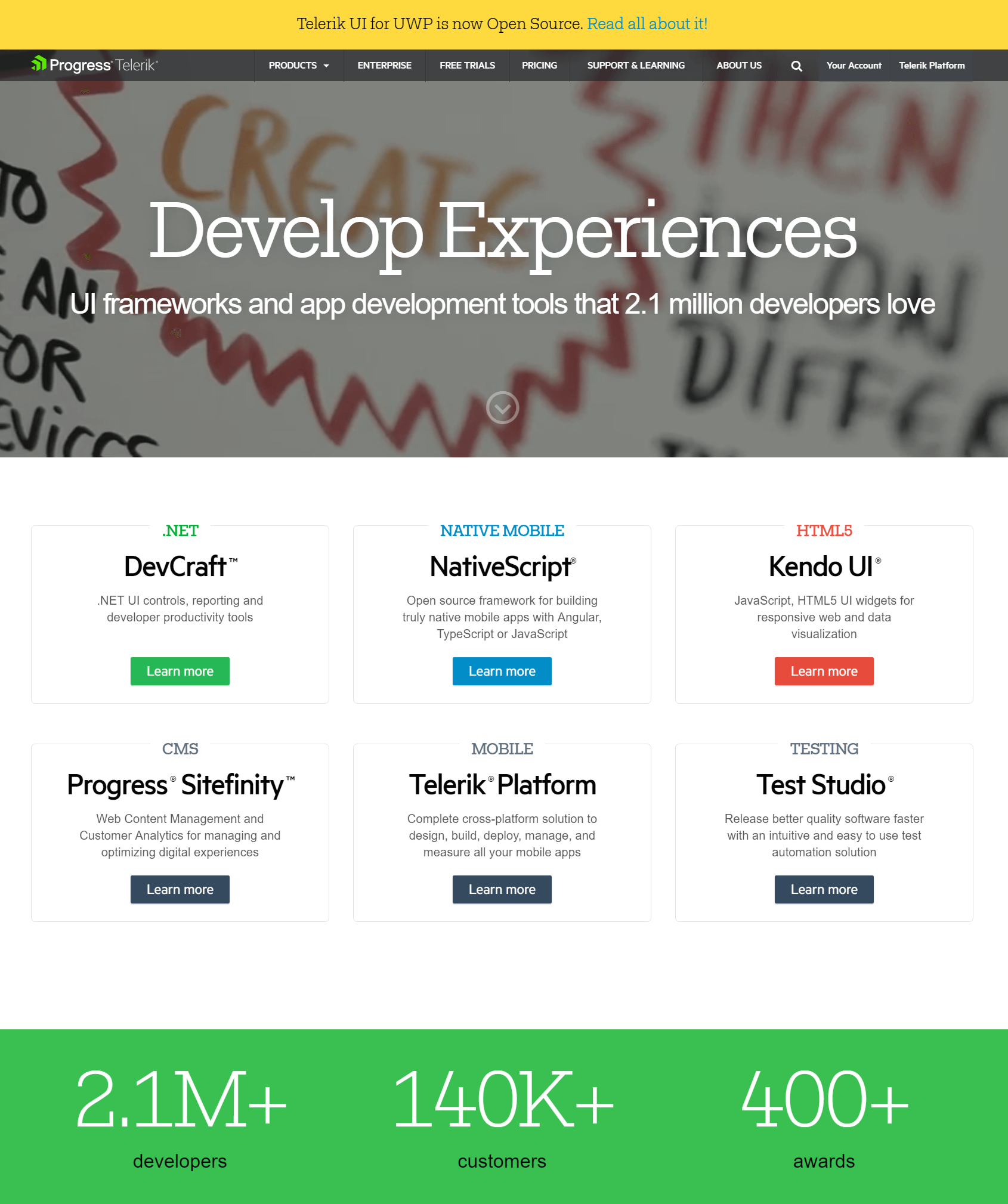 Această imagine prezintă specialiștilor în marketing cum Telerik nu folosește o ierarhie vizuală bună cu designul paginii de pornire a site-ului web.