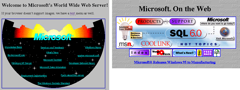 Această imagine prezintă specialiștilor în marketing care au folosit Microsoft culorile strălucitoare și nicio ierarhie vizuală pe designul original al paginii de pornire a site-ului web.