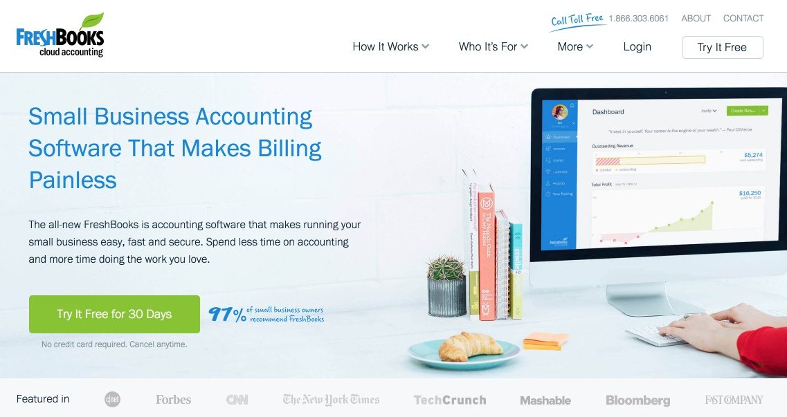 Această imagine prezintă specialiștilor în marketing cum FreshBooks folosește un CTA de încercare gratuit deasupra paginii de pe site-ul său web.