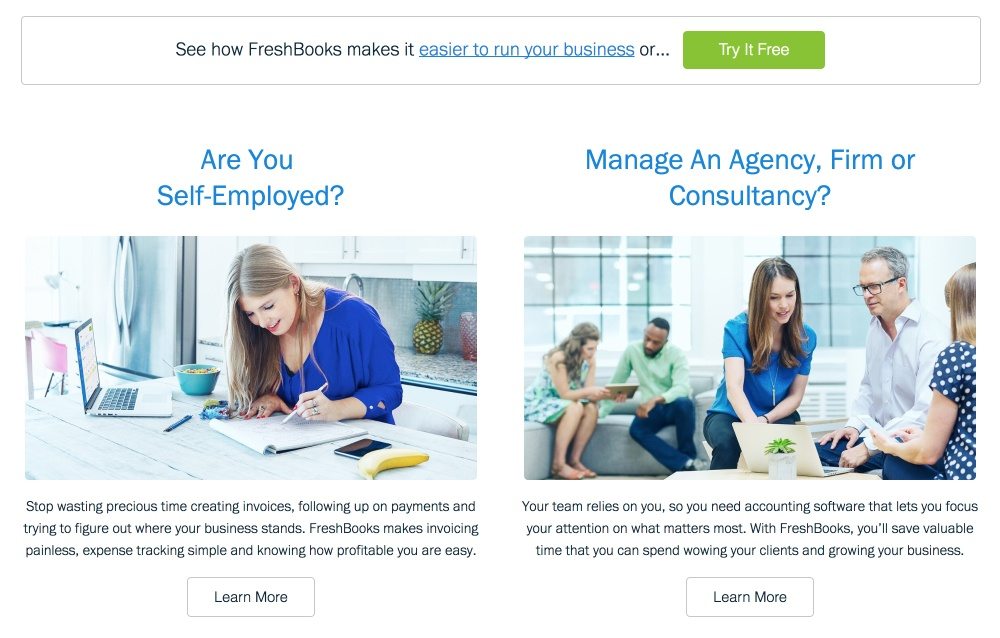 Această imagine arată specialiștilor în marketing cum FreshBooks folosește un CTA principal și un CTA secundar pe designul paginii de pornire a site-ului web.