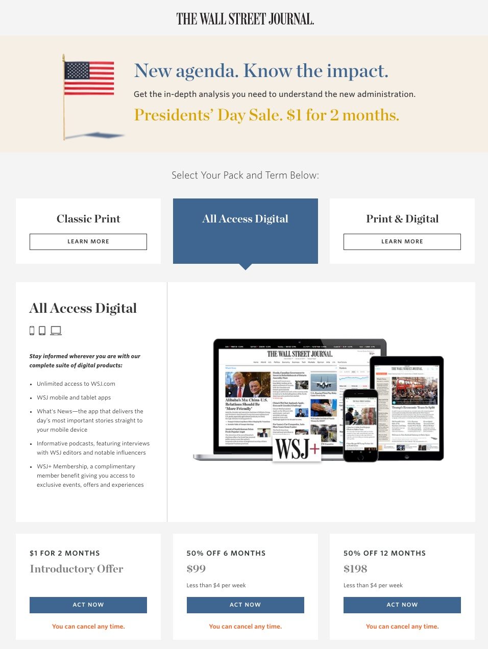 Această imagine arată specialiștilor în marketing cum Wall Street Journal folosește o pagină de destinație post-clic pe Instagram pentru a promova abonamentele la ziare.