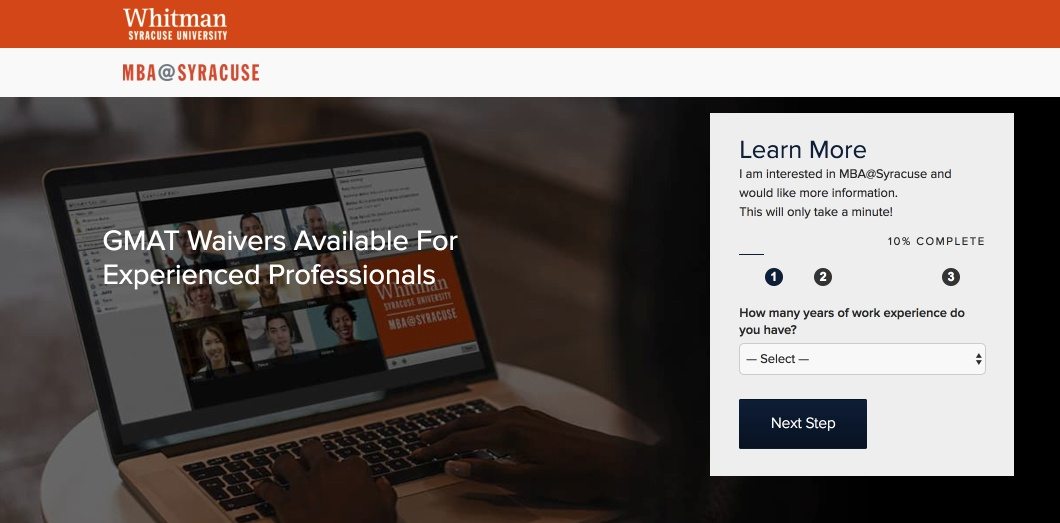 Această imagine prezintă specialiștilor în marketing cum Universitatea Syracuse folosește o pagină de destinație post-clic pe Instagram pentru a-și promova programul MBA online.