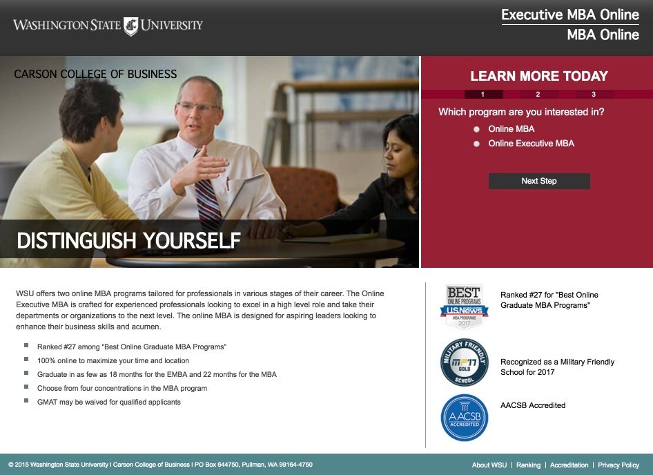 Această imagine prezintă specialiștilor în marketing cum Universitatea de Stat din Washington folosește o pagină de destinație post-clic pe Instagram pentru a-și promova programul MBA online.