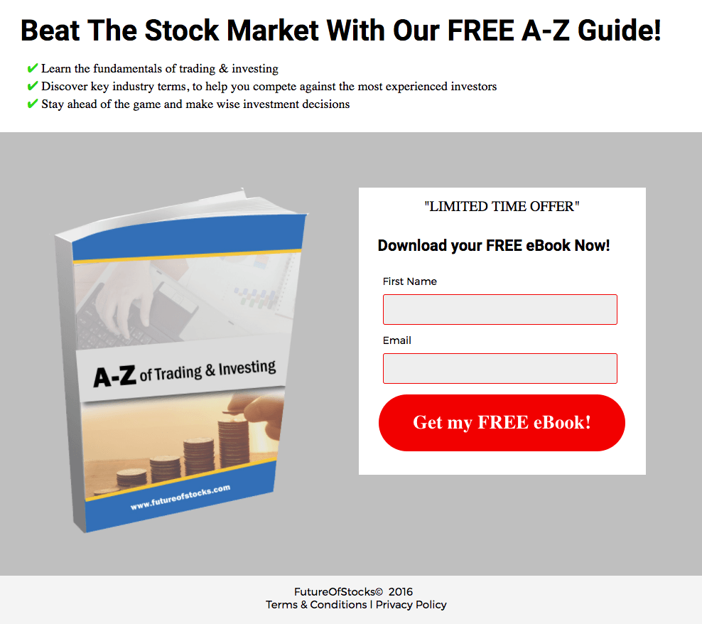 Această imagine arată specialiștilor în marketing cum Future of Stocks folosește o pagină de destinație post-clic pe Instagram pentru a-și promova cartea electronică gratuită.