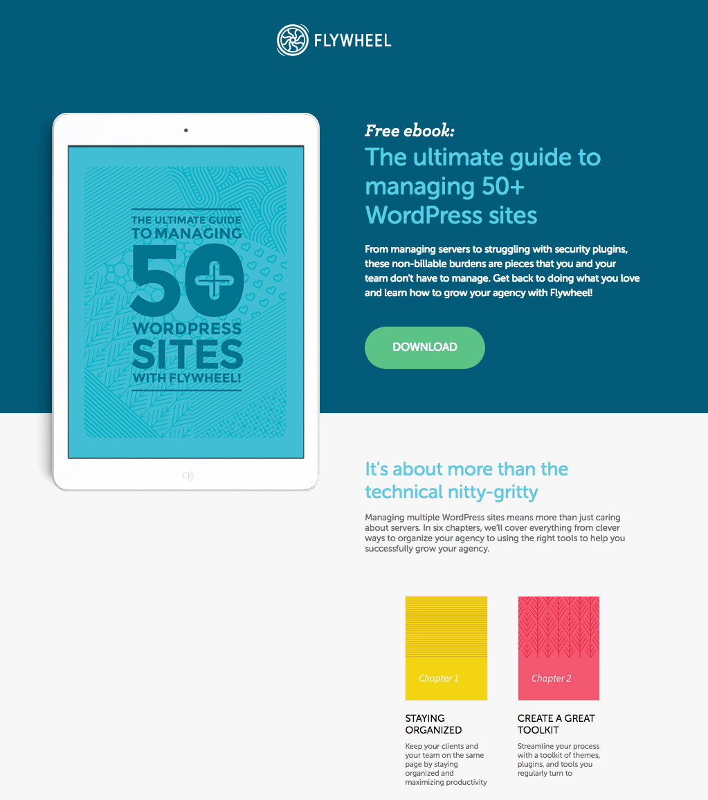 Această imagine arată specialiștilor în marketing cum Flywheel folosește o pagină de destinație post-clic pe Instagram pentru a-și promova ebook-ul gratuit WordPress.