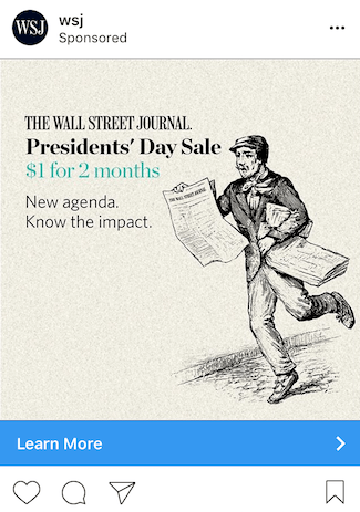 Această imagine arată specialiștilor în marketing cum publicitatea Wall Street Journal publică abonamente la ziare pe Instagram.