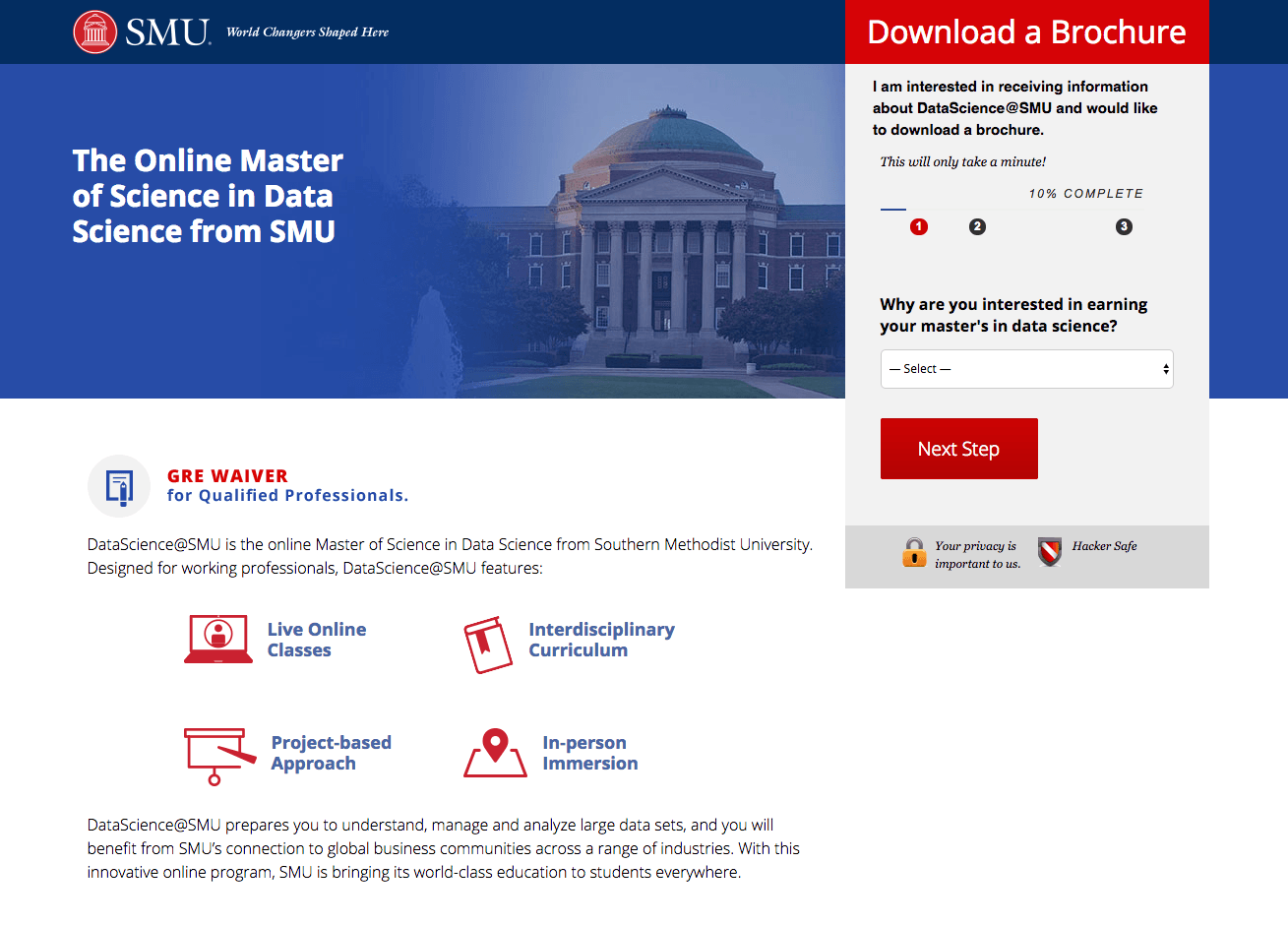 Această imagine arată specialiștilor în marketing cum Universitatea Metodistă de Sud folosește o pagină de destinație post-clic pe Instagram pentru a-și promova programul de Master of Science.