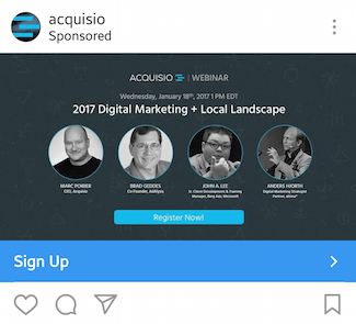 Această imagine arată specialiștilor în marketing cum Acquisio face publicitate seminarii web pe Instagram.