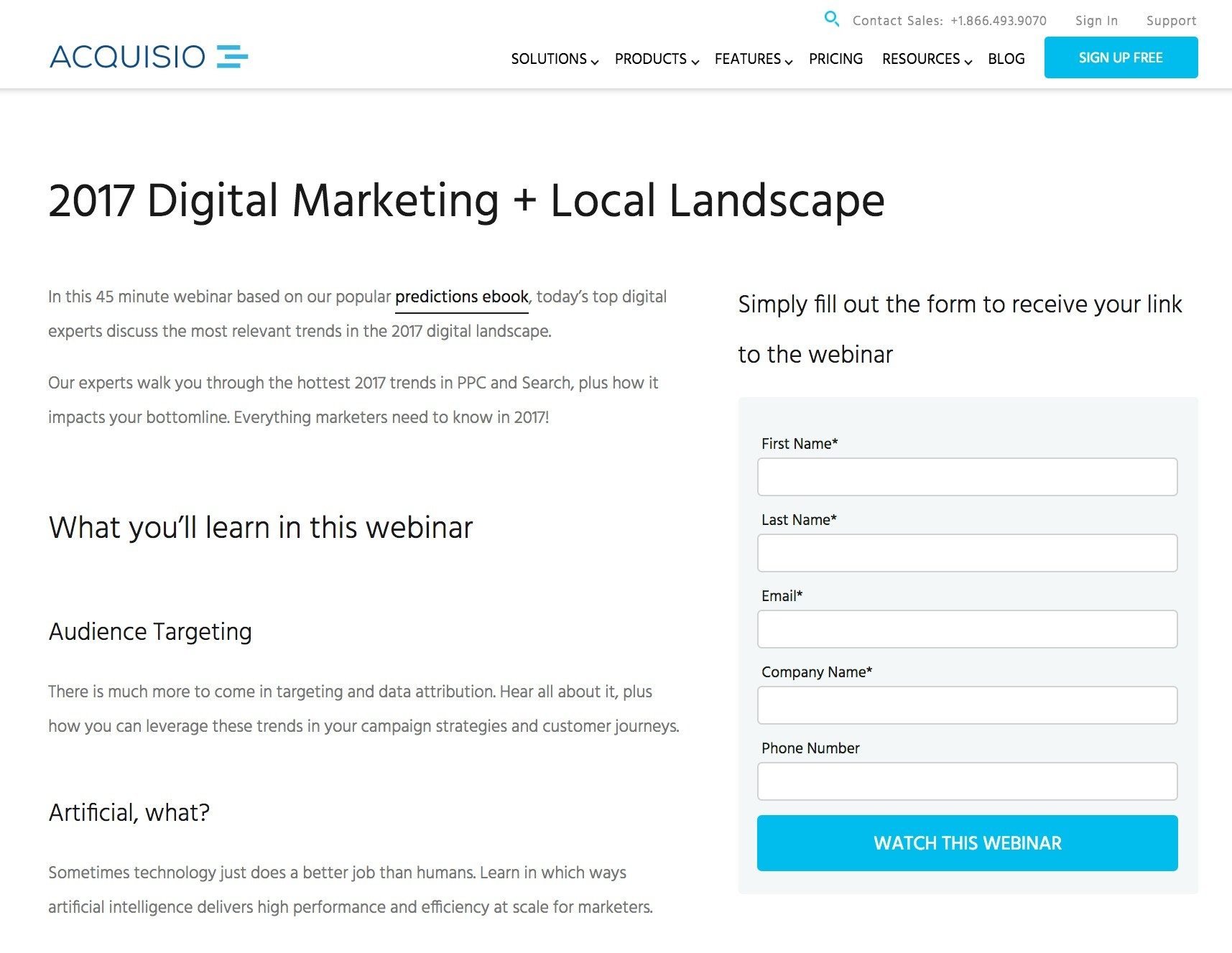 Această imagine prezintă specialiștilor în marketing cum Acquisio folosește o pagină de destinație post-clic pe Instagram pentru a-și promova seminarul web de marketing digital.