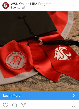 Această imagine prezintă specialiștilor în marketing cum Universitatea de Stat din Washington își promovează programul MBA online pe Instagram.