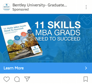Această imagine arată specialiștilor în marketing, cum Universitatea Bentley își face publicitate cărții electronice pe Instagram.