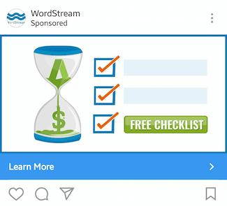 Această imagine prezintă specialiștilor în marketing cum WordStream își publică lista de verificare PPC pe Instagram.