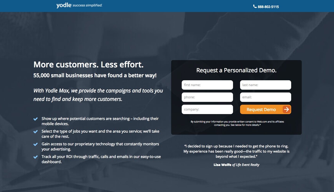 На этом изображении маркетинговые агентства показывают, как Yodle использует целевую страницу агентства после клика, чтобы привлечь потенциальных клиентов для своей бесплатной демонстрации.