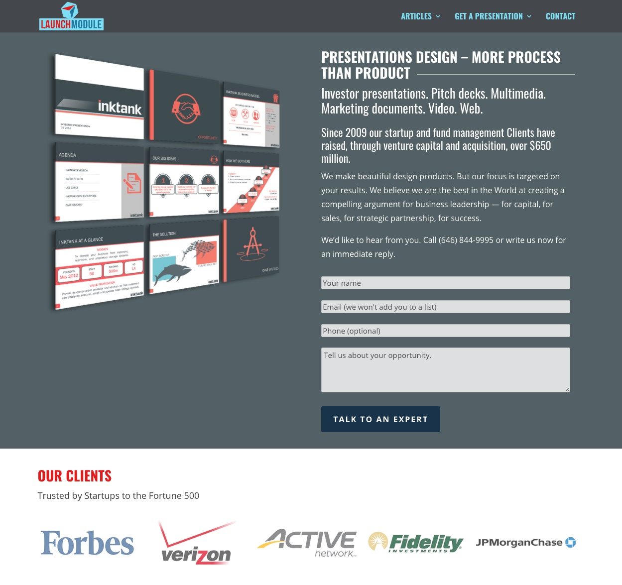 На этом рисунке показано, как маркетинговые агентства показывают, как Launch Module использует целевую страницу агентства после клика, чтобы привлечь потенциальных клиентов из своих консультационных услуг по дизайну.