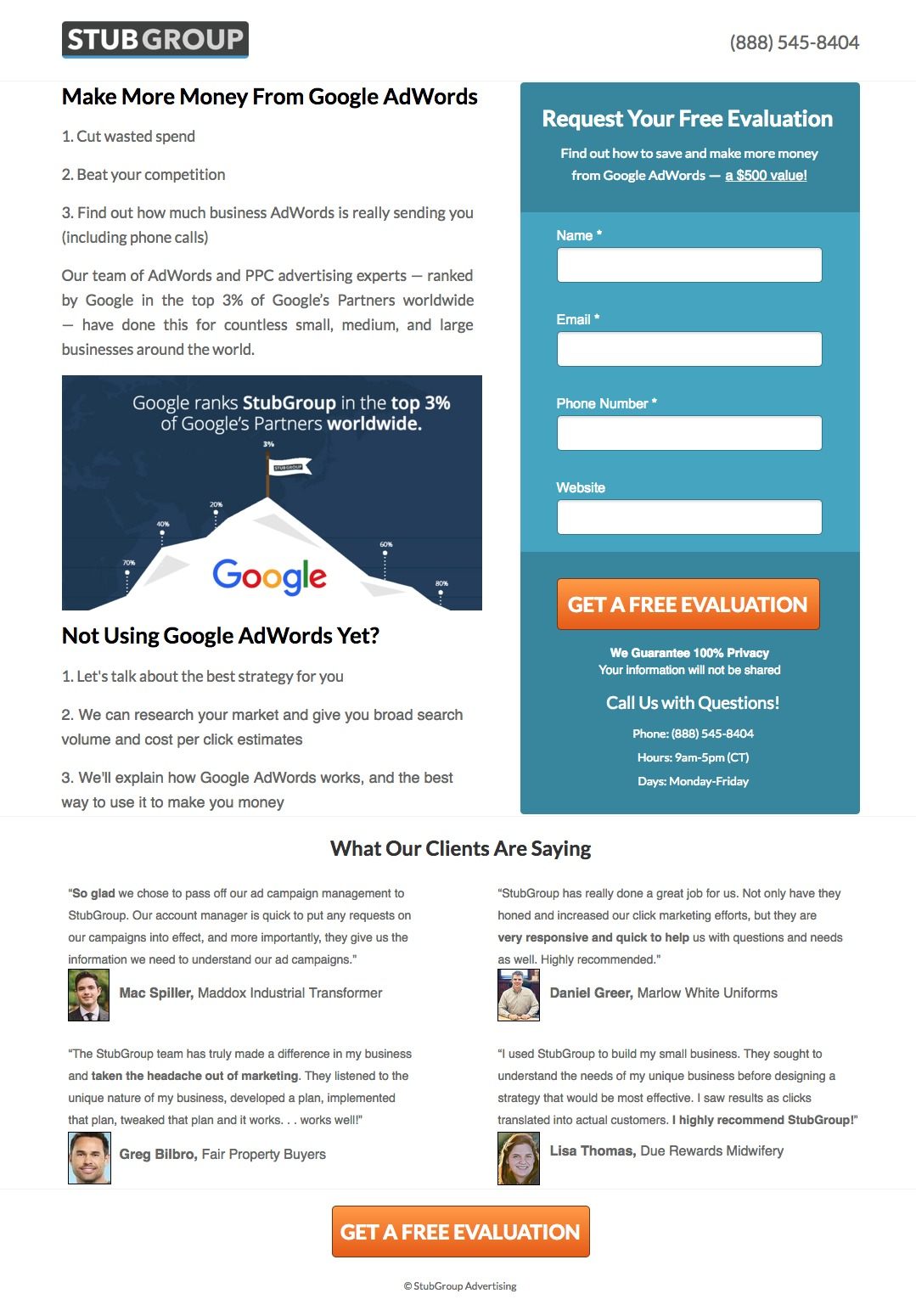 На этой картинке показано, как маркетинговые агентства показывают, как StubGroup использует целевую страницу агентства после клика для привлечения потенциальных клиентов на основе бесплатной оценки Google AdWords.