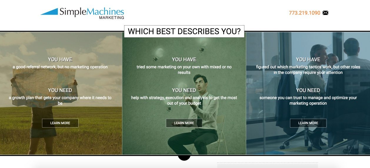 На этом рисунке маркетинговые агентства показывают, как Simple Machines использует целевую страницу агентства после клика, чтобы привлечь потенциальных клиентов из своих консультационных услуг.