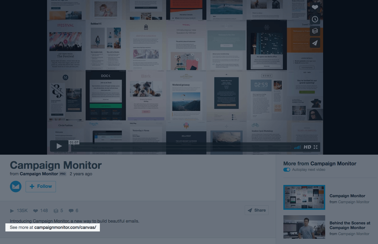 此图向营销人员展示了 Campaign Monitor 如何使用他们的 Vimeo 视频描述链接来生成点击后登录页面流量。