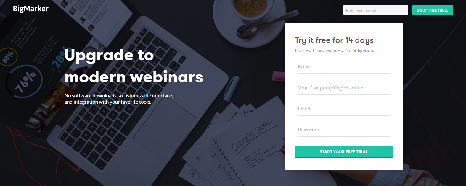Dieses Bild zeigt Vermarktern, wie BigMarker Leerräume verwendet, um die Aufmerksamkeit auf ihre Überschrift und das Lead-Erfassungsformular zu lenken, was die Post-Click-Landingpage-Conversions erhöht.