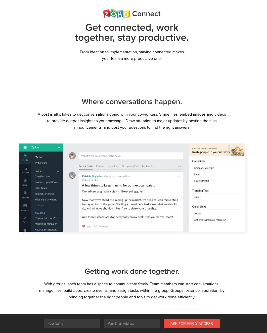 Questa immagine mostra ai professionisti del marketing come Zoho utilizza una pagina di destinazione post clic per incoraggiare i visitatori a entrare nel suo programma beta.